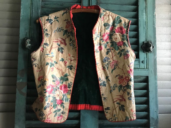 19th C Floral Waistcoat, Rare, French, Cotton, Li… - image 1