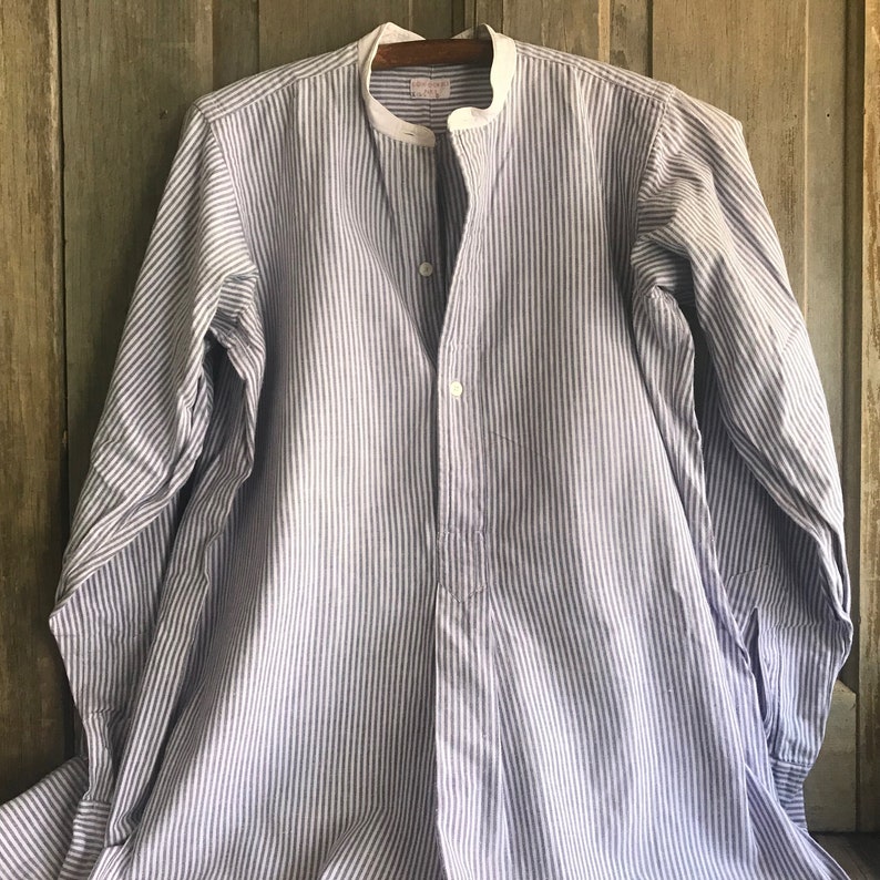French Edwardian Chemise, Mens Dress Shirt, French Cuff, Indigo Stripe Cotton, 100k Chemises Original Paris Label image 9