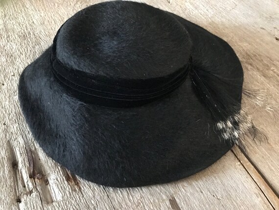 1960s French Ladies Hat Black Mohair Felt Wide Brim With  display picture 1