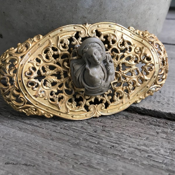 Antique Italian Gold Gilt Sash Pin, 19th Century Relief Lava Cameo Large Brooch Pin, Antique Jewelry, KH