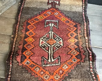 Alfombra de oración antigua, tribal, hecha a mano, tapiz anudado a mano, alfombra tejida, alfombra de silla de montar, bolso, patrón geométrico complejo, textiles antiguos