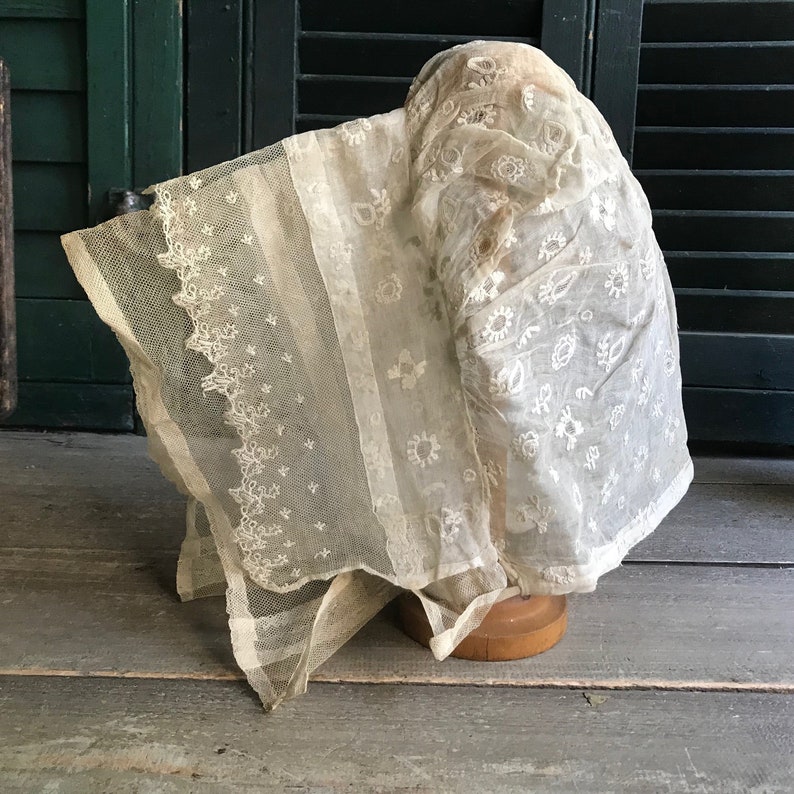 Antique French Lace Bonnet, Tulle Lace, Organza, Embroidery, Period Textile, Clothing image 1