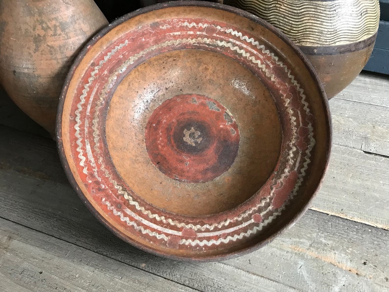 19th C French Redware Bowl, Slip Glaze, Terra Cotta, Earthenware Pottery, Provencal Cookware, French Farmhouse image 6