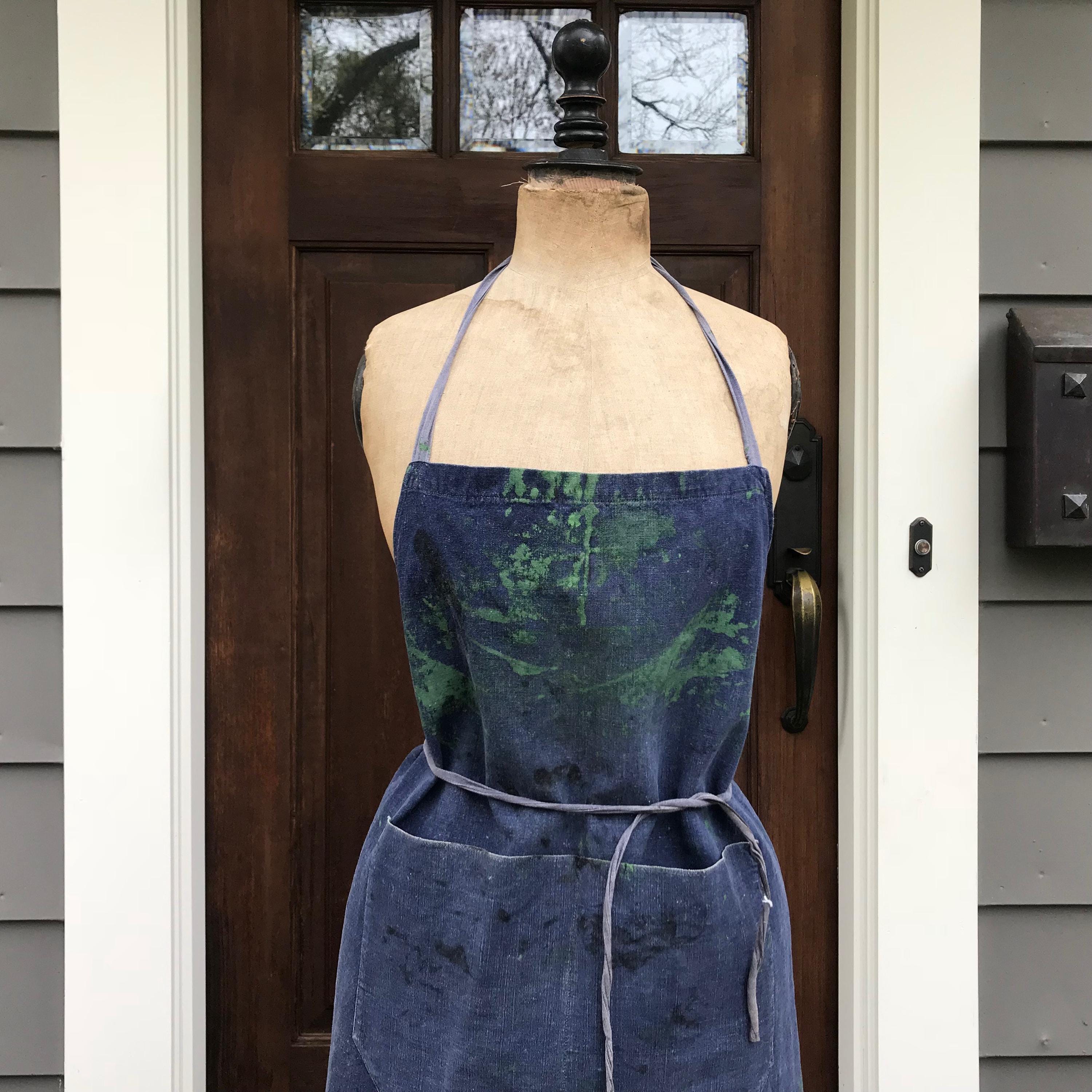40s France vintage apron インディゴ染め French Indigo Artist Apron, Smock, Cook, Chore Work Wear, Pocket