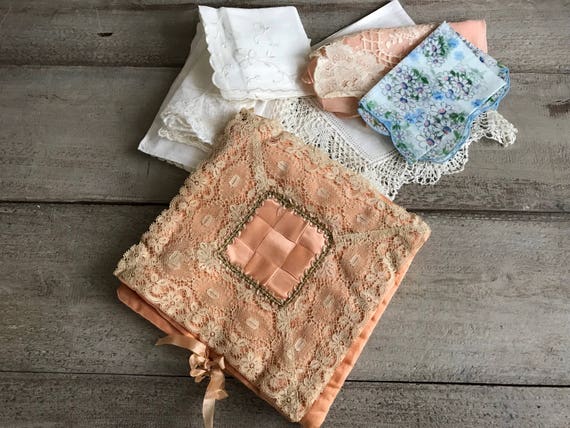 Antique Handkerchief Boudoir Case, Peach Silk, Lac