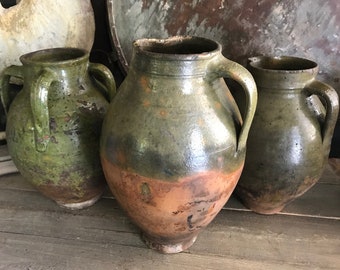 1 19th C Pottery Jug, Vase, Olive Jar, Green Glazed, Rustic Terra Cotta, European Farmhouse, Farm Table