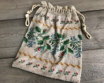 Antique Glass Micro Beaded Purse, Rose Buds, Floral Drawstring Handbag