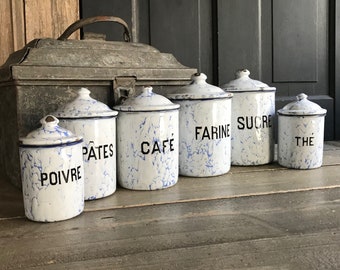 French Enamel Canister Set of 6, Pale Blue Marbled Enamelware, Vintage Kitchen Storage, Chippy French Country Farmhouse Decor