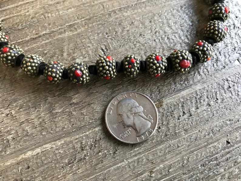 Tribal Beaded Necklace, Red Coral Cabochons, Trade Beads, Handmade, KH image 8