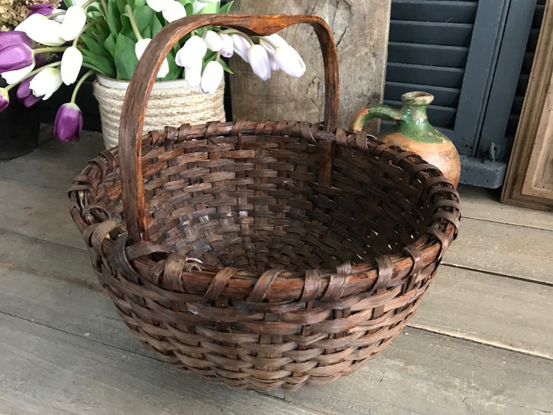 Antique Rustic Basket, Bentwood Handle, Willow Wicker Flower Basket, Farmhouse, Farm Table image 6