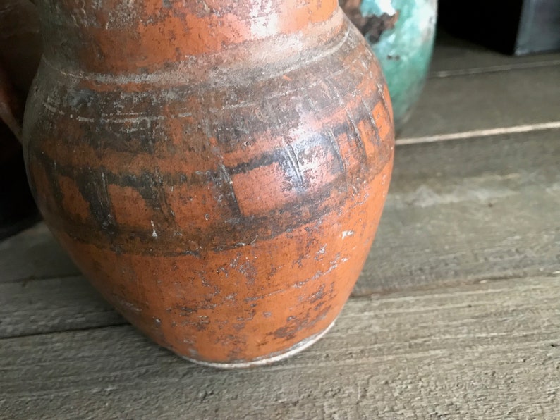 Antique Pottery Jug, Pitcher, Vase, Redware, Folk Art, Rustic Terra Cotta, Hand Thrown, Hand Painted, 19th C, Rustic Farmhouse, Farm Table image 7