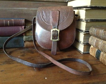 Tooled Leather Saddlebag Handbag Artisan Crafted Chestnut Brown Tooled Leather Solid Brass Buckle