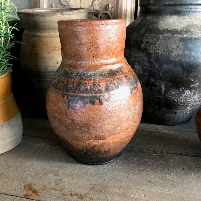 Antique Pottery Jug, Pitcher, Vase, Redware, Folk Art, Rustic Terra Cotta, Hand Thrown, Hand Painted, 19th C, Rustic Farmhouse, Farm Table image 6