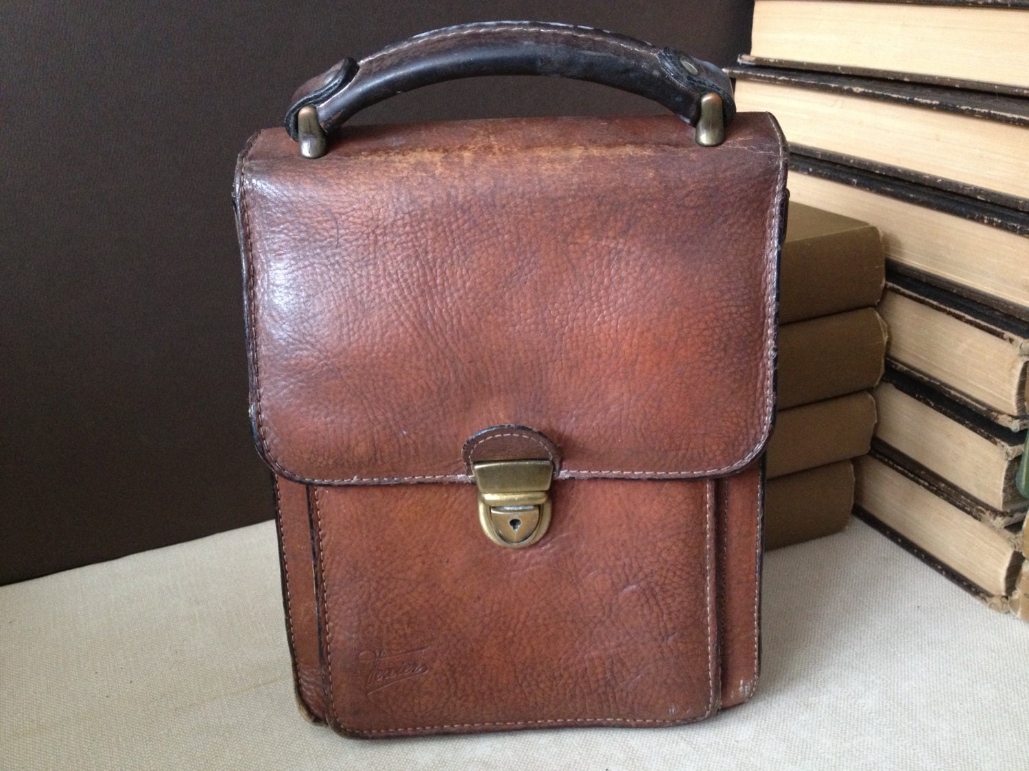 Brown Leather Handbag, Made in France, Man Bag, French Texier