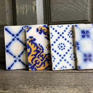 French Blue Tile Set of 4, Blue Indigo Terra Cotta Pottery, French Farmhouse, Kitchen Design, Antique, Makers Label