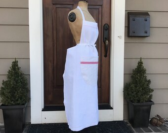 French White Linen Apron, Red Stripe, Chef, Cook, Baker, French