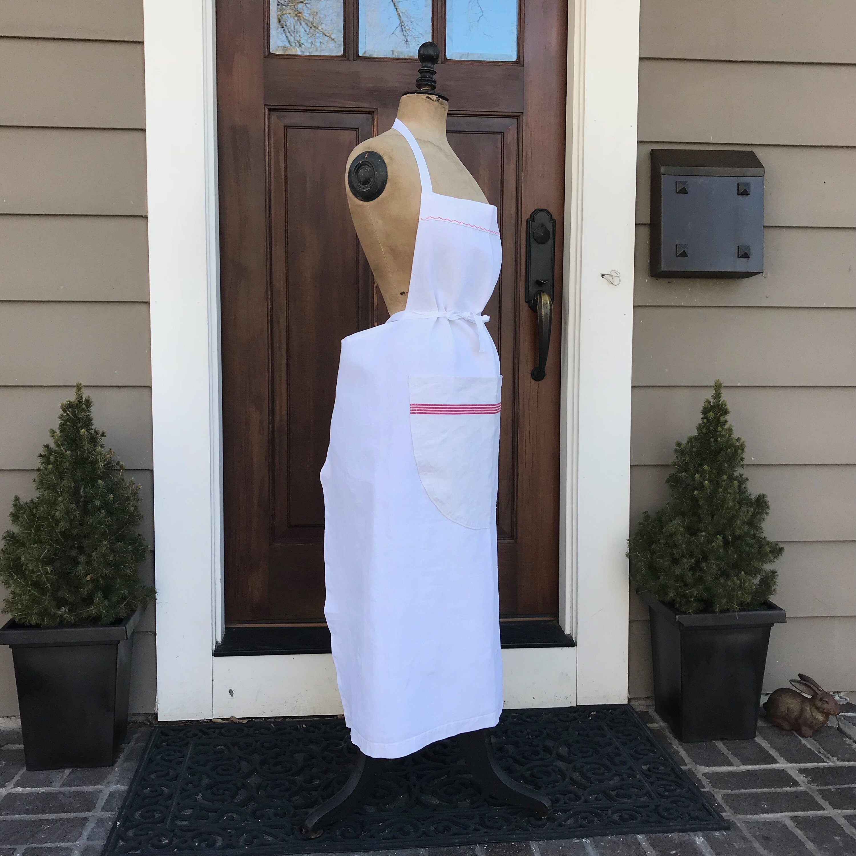 French White Linen Apron, Red Stripe, Chef, Cook, Baker, French