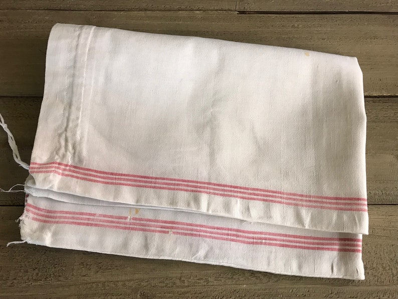 French Linen Sack, Red Stripe Ticking Laundry Cinch Bag, French Fabric Textiles image 3