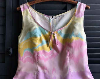 1960s French Silk Shift Dress, Pastel Watercolor Design, Original Label, Nice France, Summer Sleeveless Dress, Period Clothing