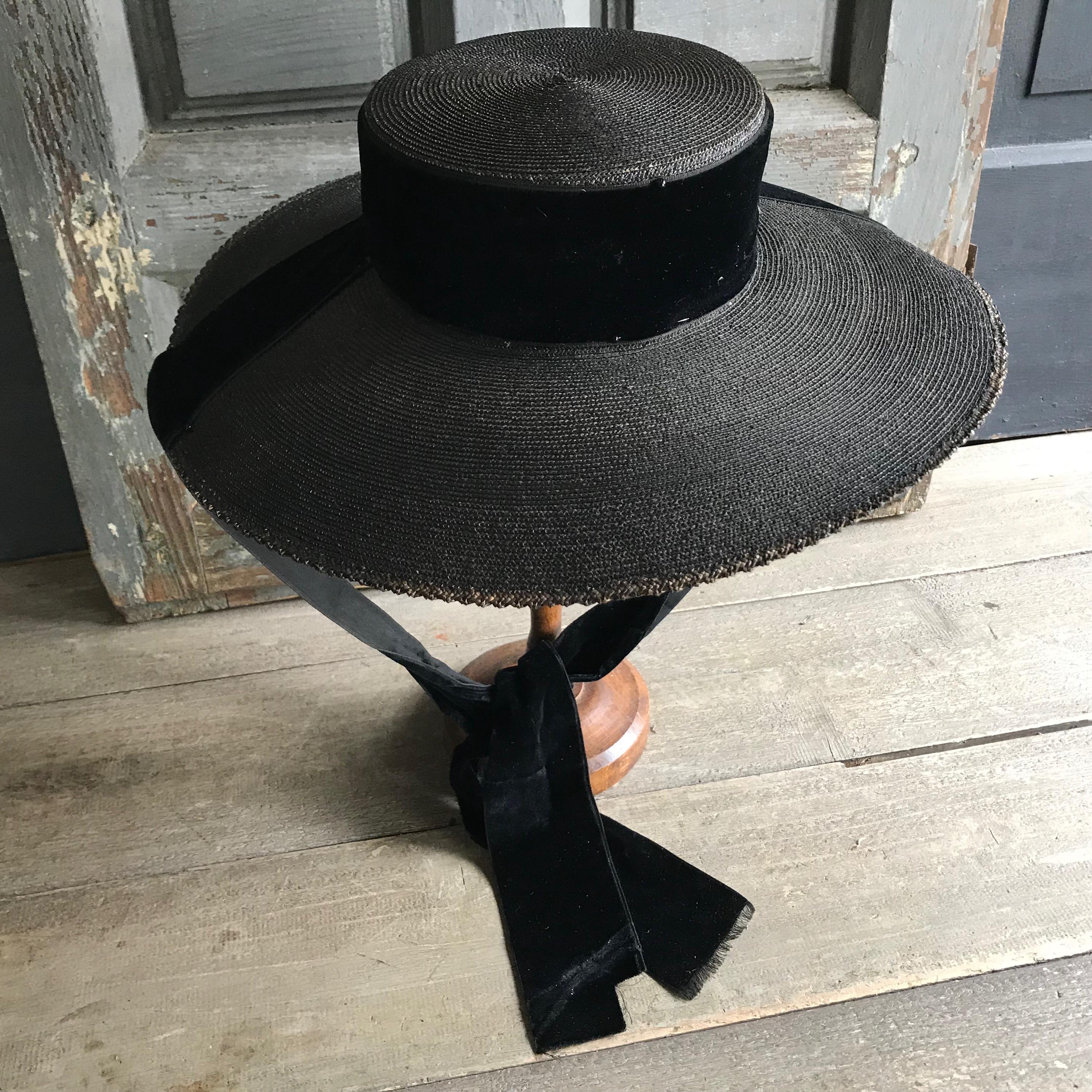 Antique French Black Straw Hat, Edwardian, Panama Straw  display picture 1