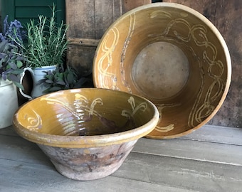 19th C Dairy Bowl, Pottery Mixing Bowl, Yellow Ochre Glaze, Distressed Terra Cotta, Rustic European Farmhouse, Farm Table, Sold by Each Bowl