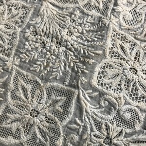 以下が含まれることがあります： 繊細なレースワークと花柄のモチーフが特徴の、複雑な刺繍が施された白い綿生地。