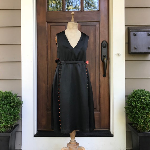 1920s Black Satin Sleeveless Dress, Flapper, Deco… - image 1