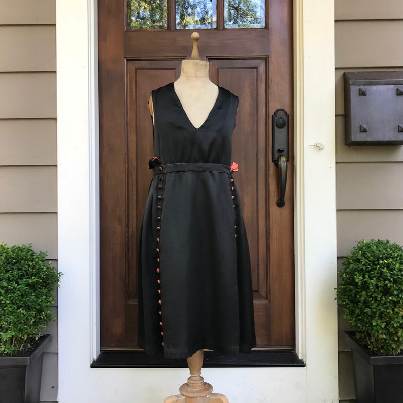 1920s Black Satin Sleeveless Dress, Flapper, Deco, Evening Dress, Formal, Period Clothing image 1
