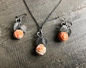 Antique Coral Necklace Set, Angel Skin Coral Carved Rose, Earrings, Sterling Silver, Pendant, Earrings, Period Jewelry, KH