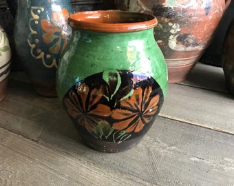 19th C Floral Pottery Jug, Small Pitcher, Glazed Terra Cotta, Flower Vase, Rustic European Farmhouse, Farm Table