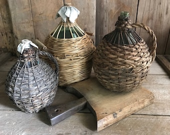 1 Large French Demijohn Wine Bottle, Flagoon, Hand Wrapped Wicker, French Farmhouse