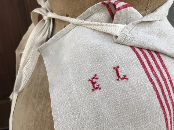 French Linen Chefs Apron, Waist Length, Wrap Around, Red Stripe, Bakers, Chef, Chore Apron, Monogrammed, Waist Ties View 5