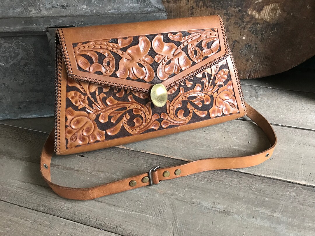 Tooled Leather Handbag or Clutch Bag, Southwest Artisan Crafted, Mid ...