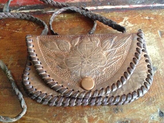 Tooled Leather Biker Pouch, Rustic Leather Wallet… - image 2