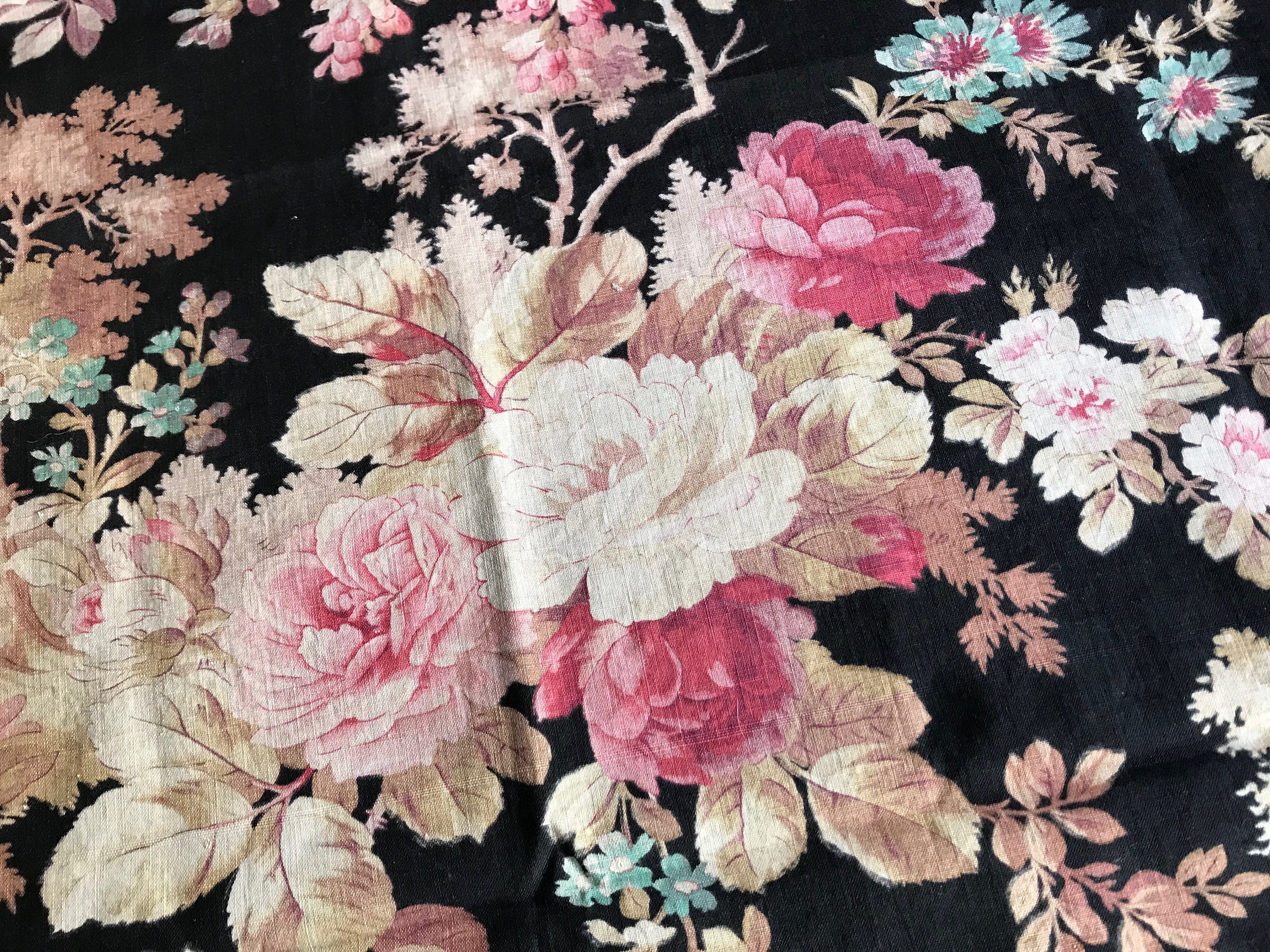 Antique 19thc French Floral Fruit Basket Cotton fabric ~ Blush Peach Pink  Black 