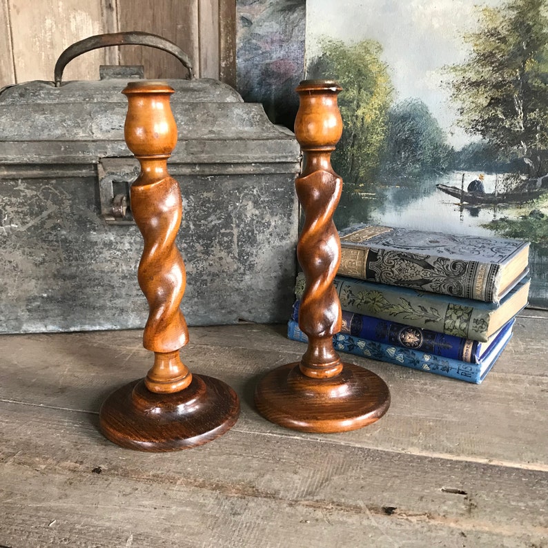 English Oak Barley Twist Candlesticks, 9 inch, Rustic Wood Candle Holders, Edwardian Era, Pair, Set of 2 image 2