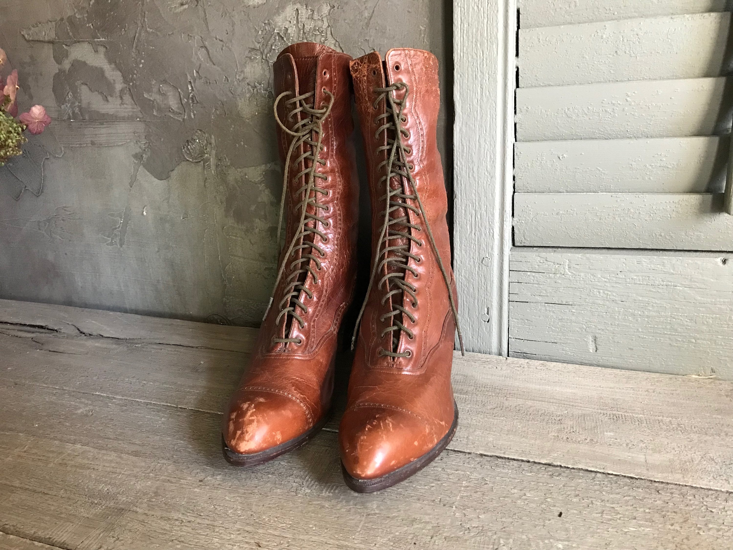 アンティーク レースアップ ブーツ、1900 年代のエドワード朝ビクトリア朝、ブラウン レザー ハイ レースアップ ブーツ - Etsy 日本