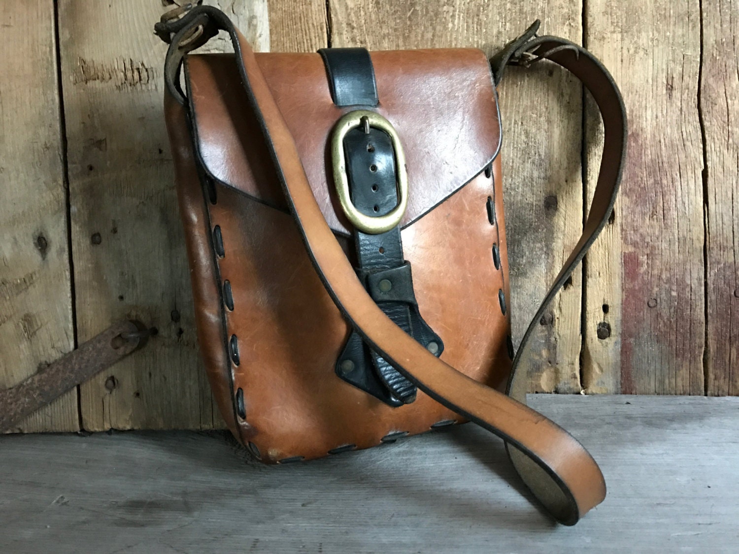 1970s Cigar Brown Leather Handbag, Saddlebag, Handcrafted Artisan