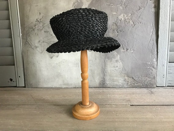 1940s Black Straw Hat, Moss Green Velvet Bow, Ori… - image 9