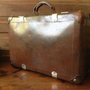 French Suitcase Luggage Brown Silver Metal Frame Case Leather Handle