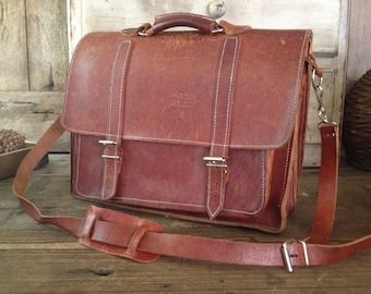 Rustic Brown Leather Briefcase, Commuter Bag, Laptop Bag, Belted Leather Satchel Messenger Vintage