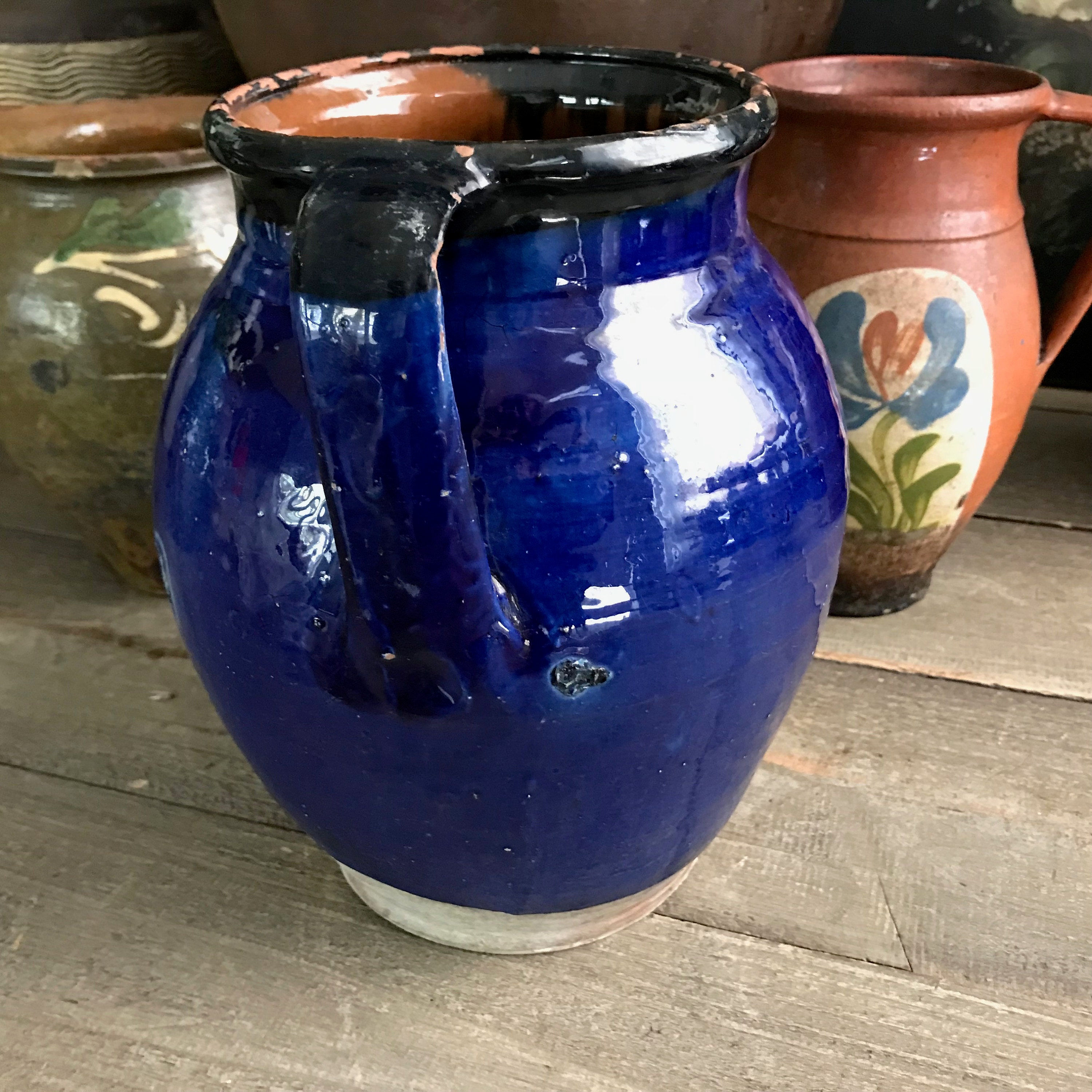 19世紀の花柄陶器の水差し、ピッチャー、深いコバルトブルー