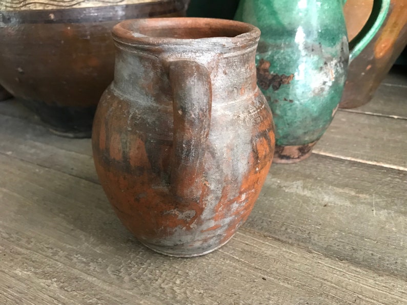 Antique Pottery Jug, Pitcher, Vase, Redware, Folk Art, Rustic Terra Cotta, Hand Thrown, Hand Painted, 19th C, Rustic Farmhouse, Farm Table image 5