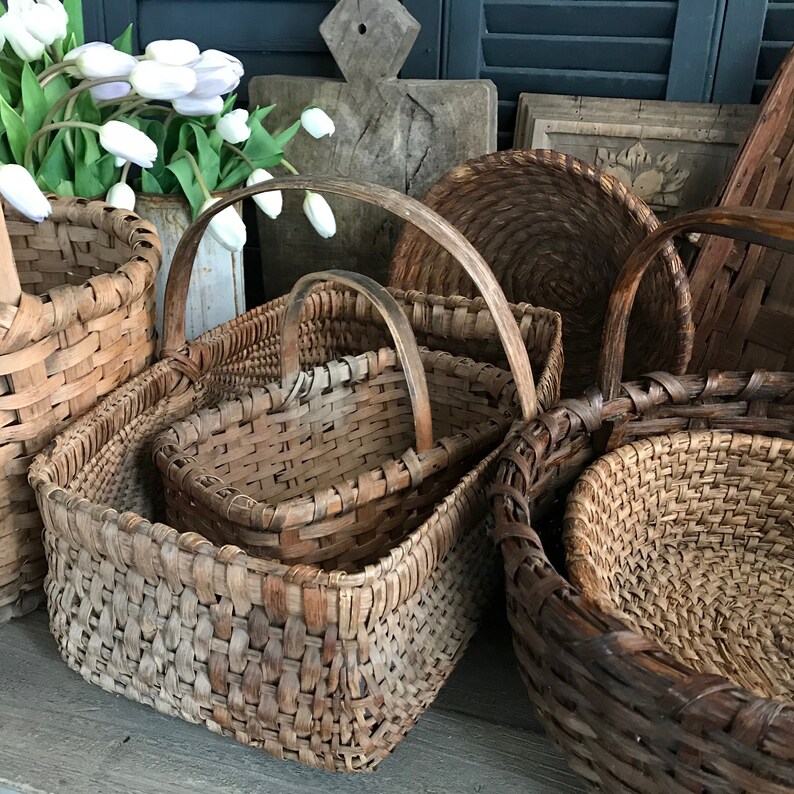 Antique Rustic Basket, Bentwood Handle, Willow Wicker Flower Basket, Farmhouse, Farm Table image 5