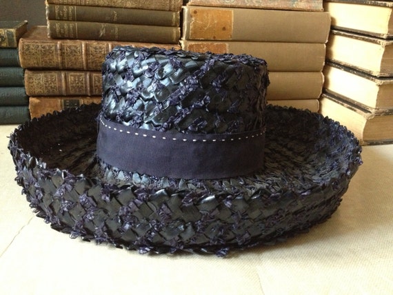Ladies Straw Hat, Jane Morgan New York, Navy Blue… - image 3