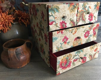 French Fabric Sewing Box, Floral Linen, Boite a Coudre, Large, Boudoir, Jewelry, Craft Storage Chest, Timeworn Historical Textiles