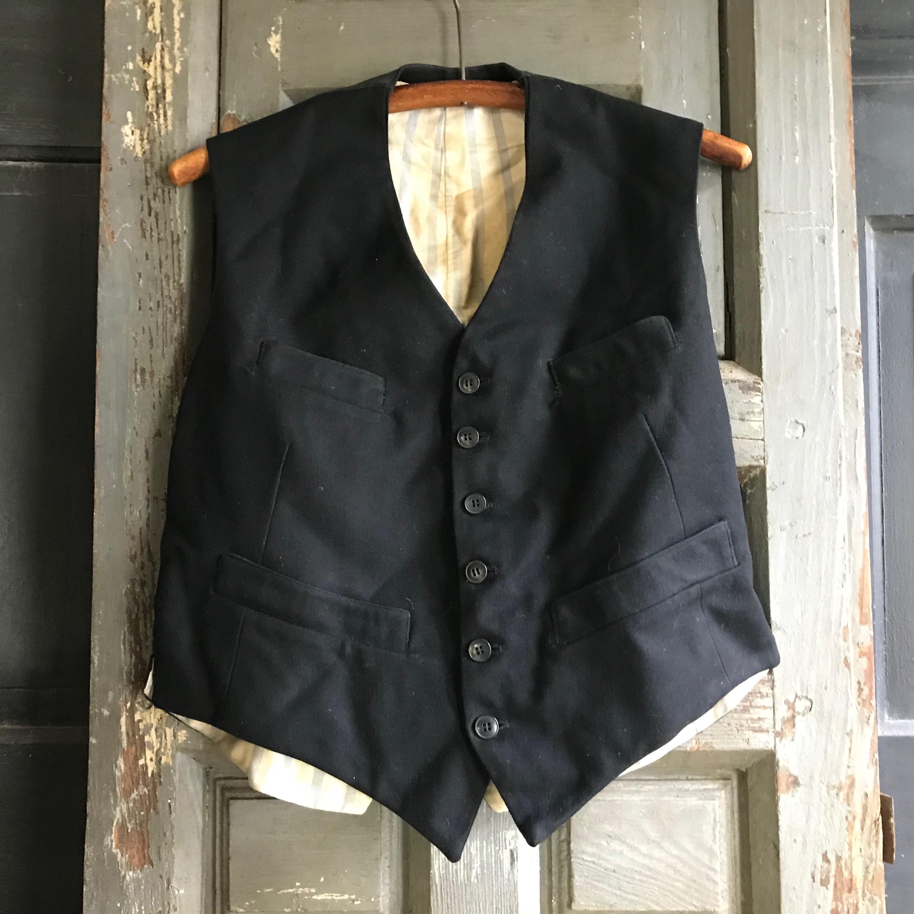 French Black Wool Gilet Waistcoat, Striped Cotton Lined, Belted 
