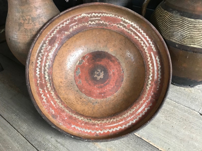 19th C French Redware Bowl, Slip Glaze, Terra Cotta, Earthenware Pottery, Provencal Cookware, French Farmhouse image 3