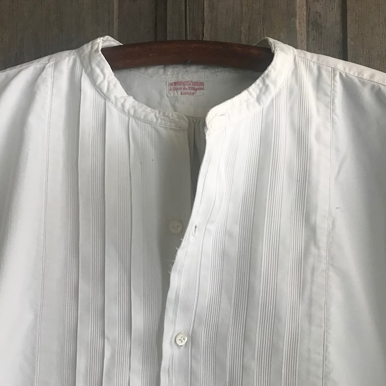 French Mens Gents Dress Shirt, White Cotton, Monogram, Original Lyon Shirtmaker Label, Edwardian, Period Clothing image 3