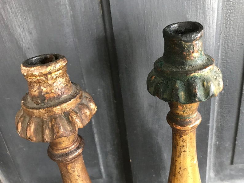 19th C French Gilded Candlesticks, Carved Wood, Antique, Architectural, Classic, Pair zdjęcie 6